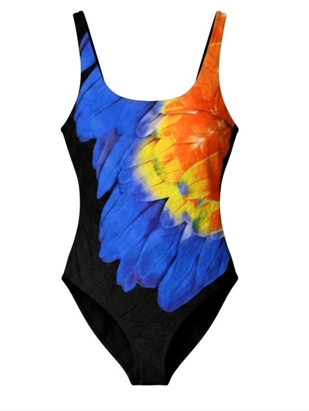 Onia Kelly One Piece Black Swimsuit with Blue, Orange & Yellow Feather Size S